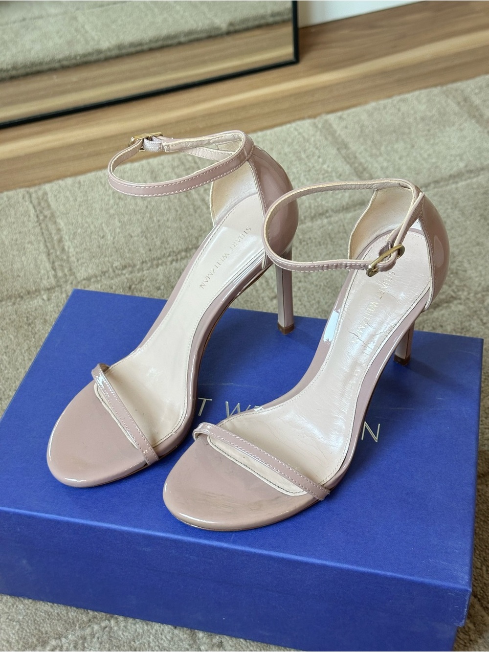 Stuart Weitzman Blush Patent Ankle-Strap Stiletto Sandals